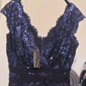 Tadashi Shoji navy blue sequin lace cocktail dress